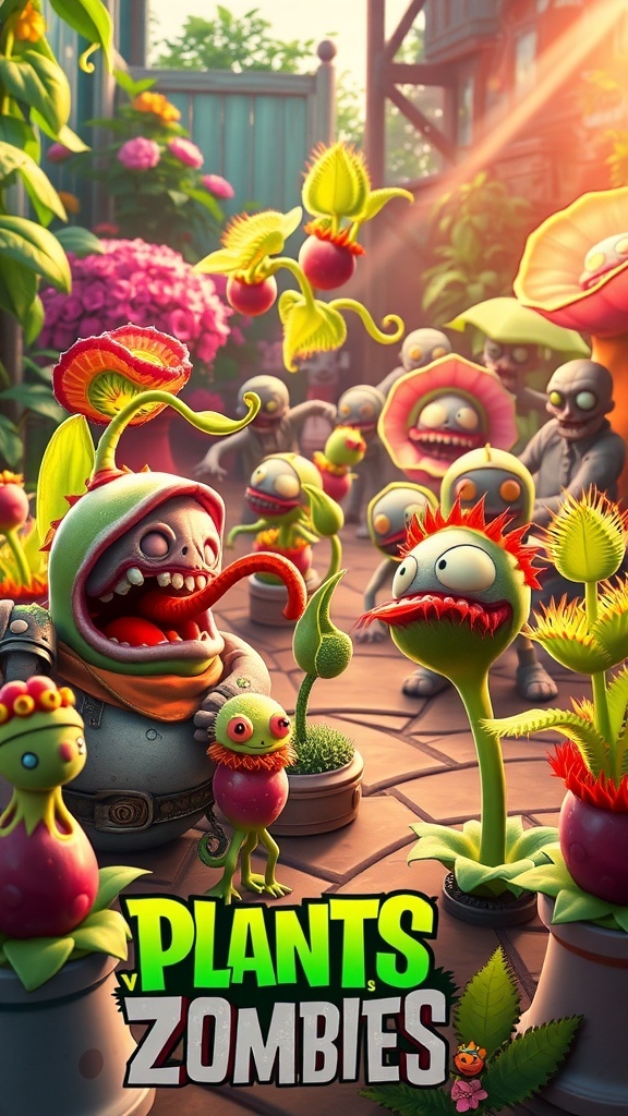 Carnivorous plants in Plants vs. Zombies ready to defend against zombies in a colorful garden.
